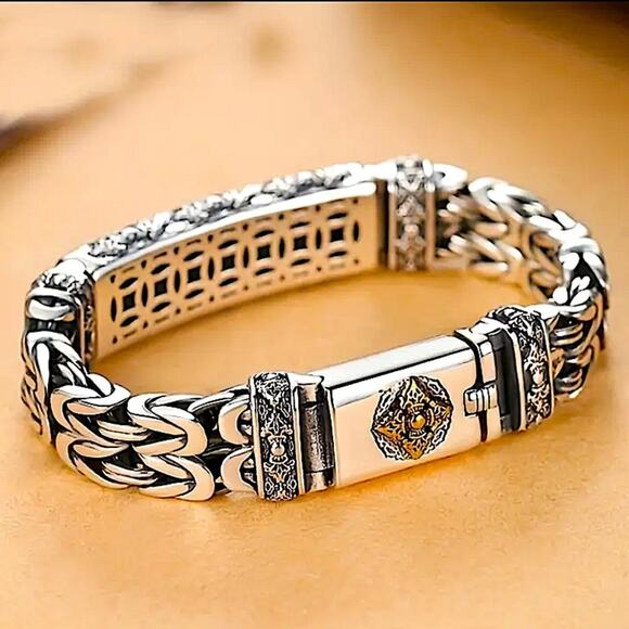 Stainless Steel Chain Link Bracelet, Mantra, Curb Hand Woven Engraved - Picture 3 of 6